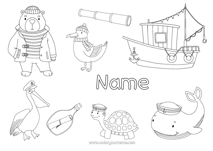 Colouring page to print Bear Fishing Whale Sea Vehicles Boat Marine Or Aquatic Animals Birds And Flying Mammals Forest Animals Sailor Marine Vehicles Seagull Sea Turtle Pelican