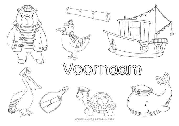 Kleurplaat om af te drukken Beer Vissen Walvis Zee Voertuigen Boot Zeedieren Vogels en vliegende zoogdieren Bosdieren Matroos Maritieme voertuigen Meeuw, zeemeeuw Zeeschildpad Pelikaan