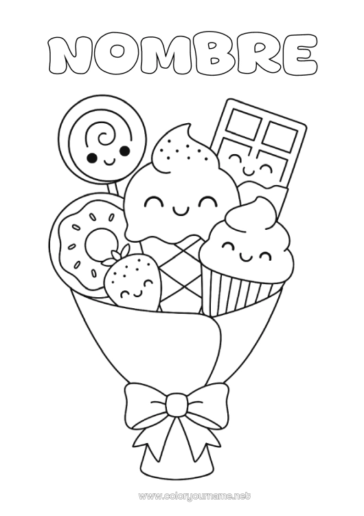 Dibujo para colorear para imprimir Caramelos Chocolate Donuts Golosinas Helado Gracias Chupeta Ramillete
