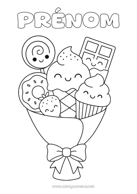 Coloriage à imprimer Bonbons Chocolat Donuts Gourmandises, sucreries Glace Merci Sucette Bouquet