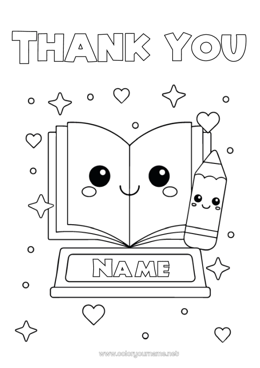 Coloring page to print Kawaii Easy coloring pages Book Congratulations Reading Pencil School supplies Cup, trophy