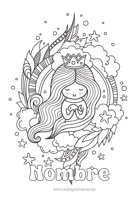 Dibujo para colorear para imprimir Princesa Corona Sirena Cuento de hadas