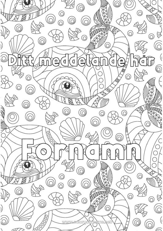 Färgläggningssida att skriva ut Val Djur Utsmyckat namn Snäckor Komplexa målarbilder Zentangle Marina djur eller vattenlevande djur Dekorativ bakgrund