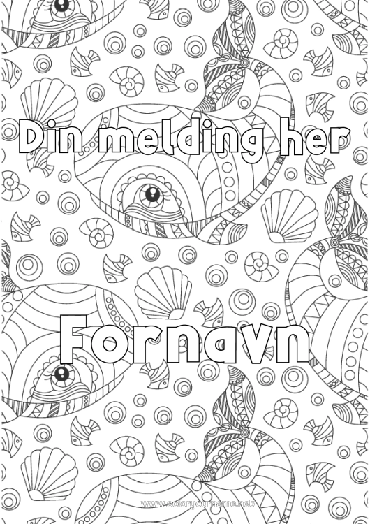 Fargeleggingssiden til utskrift Hval Dyr Dekorert navn Snegler Komplekse fargelegginger Zentangle Marin eller akvatisk dyr Dekorativ bakgrunn