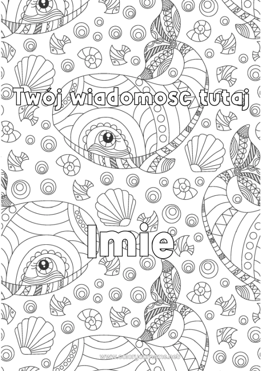 Kolorowanka do wydruku Wieloryb Zwierzę Nazwisko odznaczone Muszle Złożone kolorowanki Zentangle Zwierzęta morskie lub wodne Tło dekoracyjne