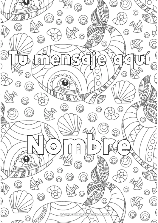 Dibujo para colorear para imprimir Ballena Animales Nombre decorado Conchas marinas Dibujos complejos para colorear Zentangle Animales marinos o acuáticos Fondo decorativo