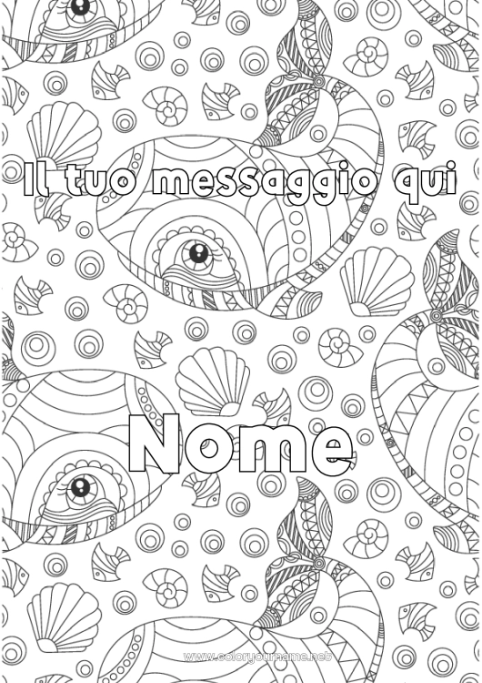 Pagina da colorare da stampare Balena Animale Nome decorato Conchiglie Colorazioni complesse Zentangle Animali marini o acquatici Sfondo decorativo