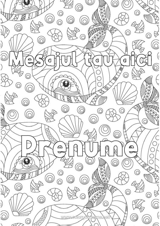 Pagină de colorat de imprimat Balena Animal Nume decorat Scoici Desene de colorat complexe Zentangle Animale marine sau acvatice Fundal decorativ