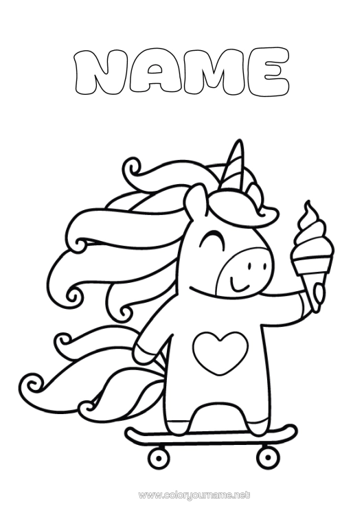 Colouring page to print Heart Unicorn Animal Treats, Sweets Ice Cream Easy Colouring Pages Dragons, Unicorns, And Fantastical Creatures Skateboard