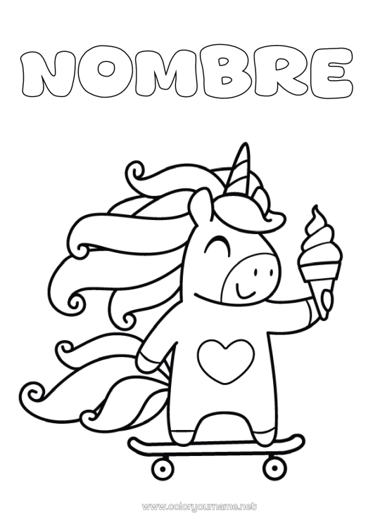 Dibujo para colorear para imprimir Corazón Unicornio Animales Golosinas Helado Dibujos fáciles para colorear Dragones, unicornios y animales fantásticos Patineta