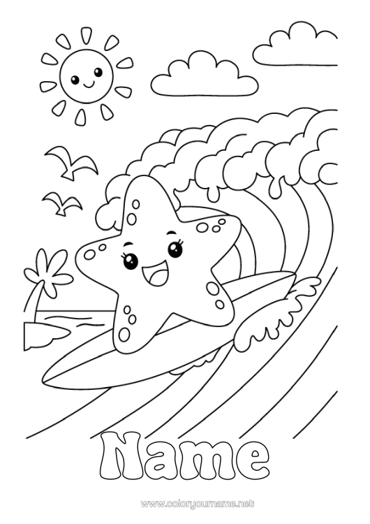 Colouring page to print Sport Summer Animal Starfish Surfing Marine Or Aquatic Animals Water Sports Waves