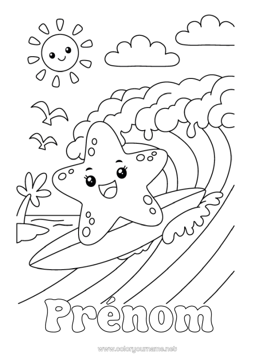 Coloriage à imprimer Sport Été Animal Étoile de mer Surf Animaux marins ou aquatique Sports nautiques Vagues