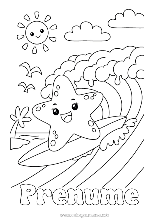 Pagină de colorat de imprimat Sport Vara Animal Stea de mare Surf Animale marine sau acvatice Sporturi nautice Valuri