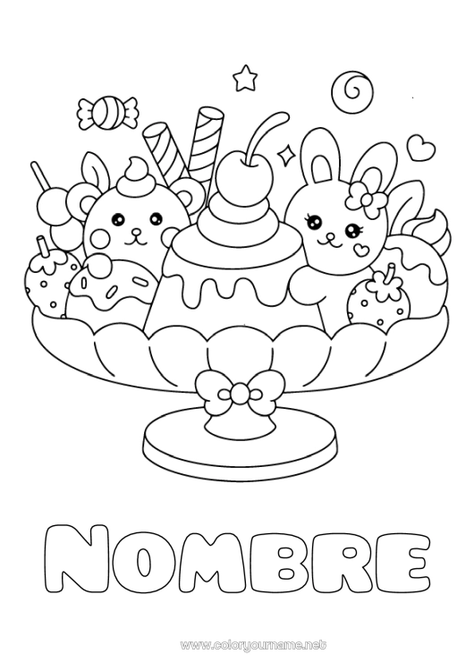 Dibujo para colorear para imprimir Caramelos Kawaii Conejo Cereza Frutas Golosinas Helado Fresa Animales del bosque