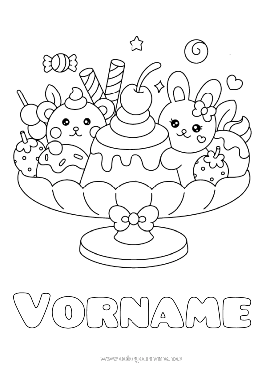Malvorlage zum Ausdrucken Bonbons Kawaii Hase Kirsche Früchte Leckereien, Süßigkeiten Eis Erdbeere Waldtiere