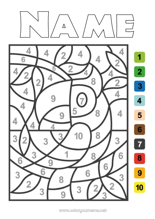 Coloring page to print Number Bird Coloring by numbers Children's activities Animal Parrot Flying birds and mammals