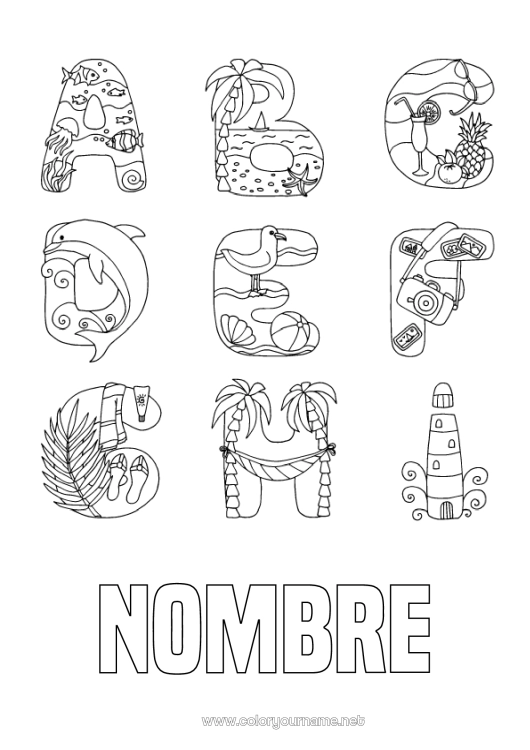 Dibujo para colorear para imprimir Vacaciones Verano Playa Alfabeto Aves y mamíferos voladores Faro Gaviota Cámara Letra del alfabeto