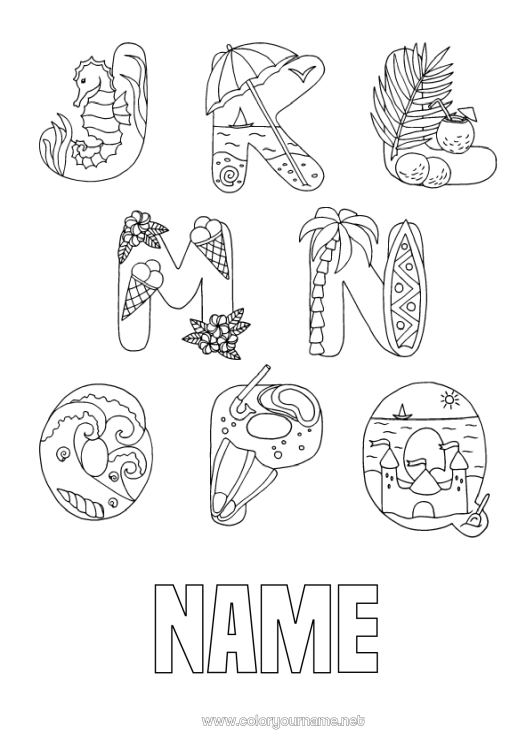 Coloring page to print Holidays Summer Beach Alphabet Sandcastle Parasol, Beach umbrella Alphabet letter Waves