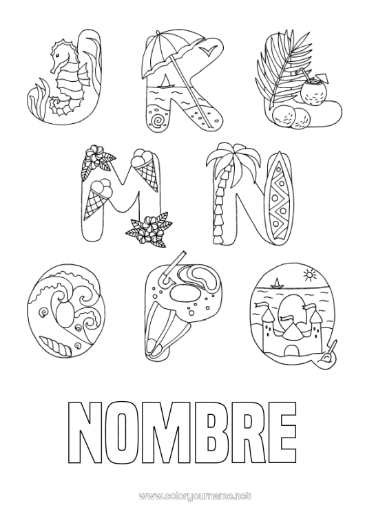 Dibujo para colorear para imprimir Vacaciones Verano Playa Alfabeto Castillo de arena Parasol, sombrilla de playa Letra del alfabeto Olas