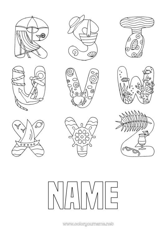 Coloring page to print Holidays Summer Beach Sea Alphabet Sailing boat Marine anchor Buoy Maritime vehicles Alphabet letter Boat Bar