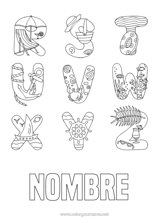 Dibujo para colorear para imprimir Vacaciones Verano Playa Mar Alfabeto Velero Ancla marina Boya Vehículos marítimos Letra del alfabeto Barra de barco