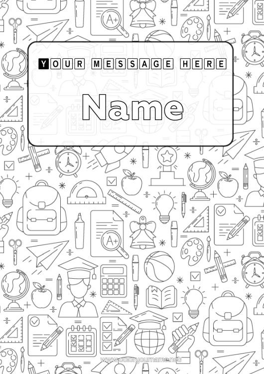 Colouring page to print School Symbols Light Bulb School Bag Stationery Supplies Square Calculator Notebook Cover