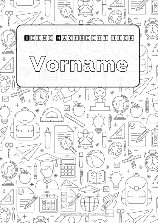 Malvorlage zum Ausdrucken Schule Symbole Glühbirne Schultasche Schulbedarf Winkel Taschenrechner Heftumschläge