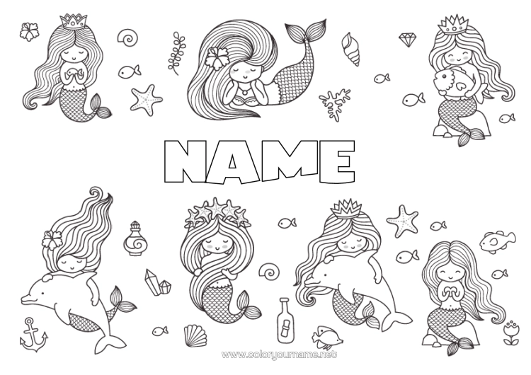 Colouring page to print Animal Dolphin Fish Siren Starfish Marine Or Aquatic Animals