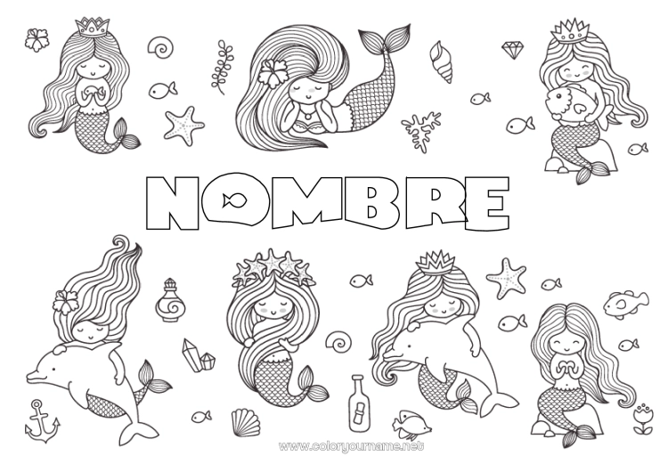 Dibujo para colorear para imprimir Animales Delfín Pescado Sirena Estrella de mar Animales marinos o acuáticos