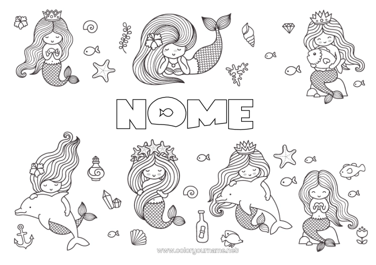 Pagina da colorare da stampare Animale Delfino Pesce Sirena Stella marina Animali marini o acquatici