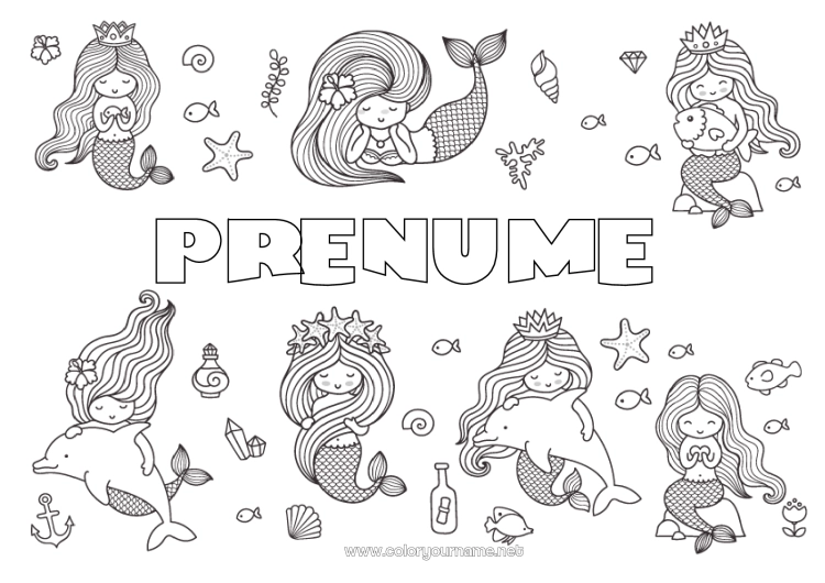 Pagină de colorat de imprimat Animal Delfin Pește Sirena Stea de mare Animale marine sau acvatice
