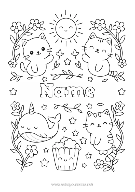 Colouring page to print Cat Cute Sun Whale Animal Popcorn Treats, Sweets Marine Or Aquatic Animals Dogs And Cats Orca
