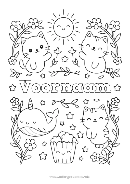 Kleurplaat om af te drukken Kat Kawaii Zon Walvis Dier Popcorn Lekkernijen, zoetigheden Zeedieren Honden en katten Orka