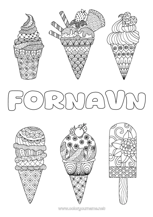 Fargeleggingssiden til utskrift Godbiter, søtsaker Iskrem Zentangle