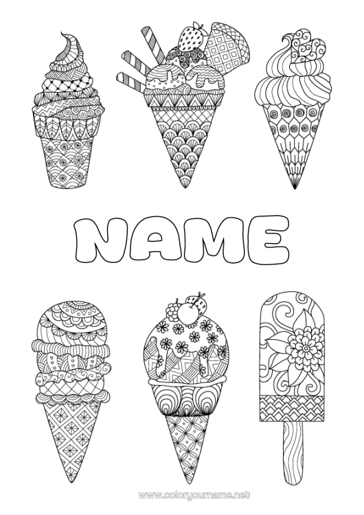 Colouring page to print Treats, Sweets Ice Cream Zentangle