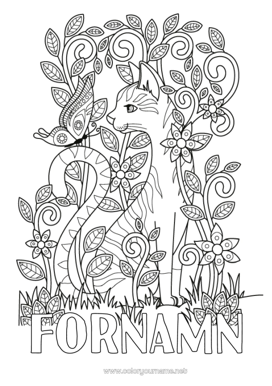 Färgläggningssida att skriva ut Katt Fjäril Komplexa målarbilder Zentangle Insekter Hundar och katter