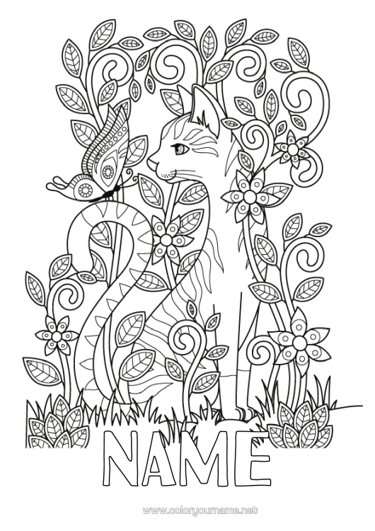 Colouring page to print Cat Butterfly Animal Complex Colouring Pages Zentangle Insects Dogs And Cats