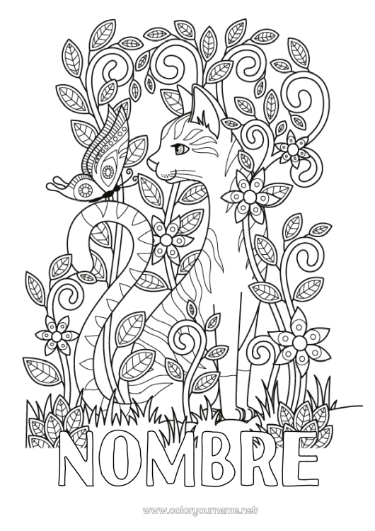 Dibujo para colorear para imprimir Cat Mariposa Dibujos complejos para colorear Zentangle Insectos Perros y gatos