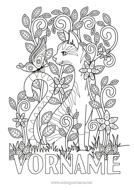Malvorlage zum Ausdrucken Katze Schmetterling Komplexe Ausmalbilder Zentangle Insekten Hunde und Katzen