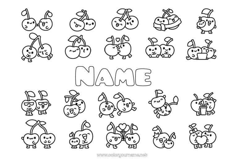 Coloring page to print Kawaii Cherry Fruits