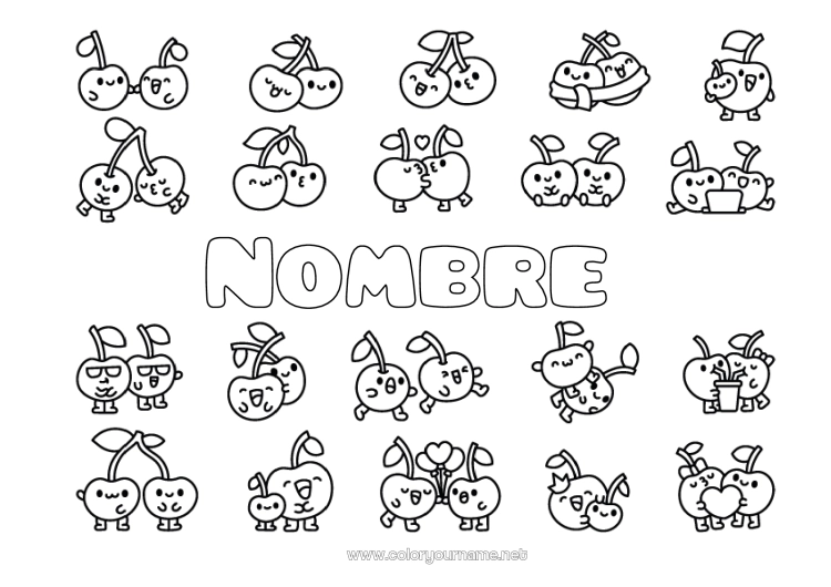 Dibujo para colorear para imprimir Kawaii Cereza Frutas