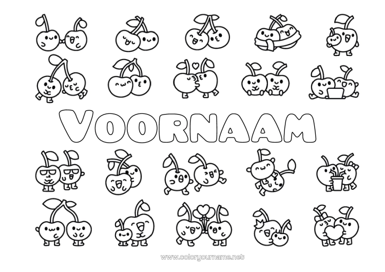 Kleurplaat om af te drukken Kawaii Kersen Fruit