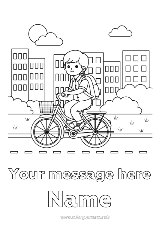 Coloring page to print Boy Vehicles Bike City ??landscape Two-wheeled vehicles Schoolbag