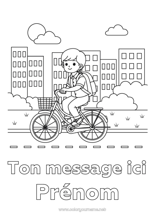 Coloriage à imprimer Garçon Véhicules Vélo Paysage de ville Véhicules à deux roues Cartable