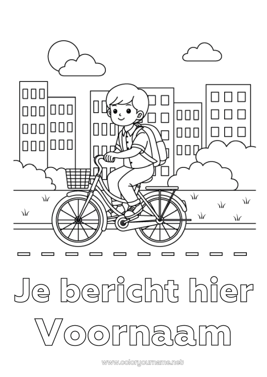 Kleurplaat om af te drukken Jongen Voertuigen Fiets Stadsgezicht Tweewielers Schooltas