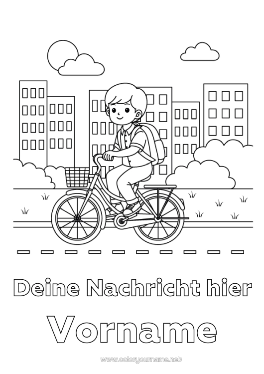 Malvorlage zum Ausdrucken Junge Fahrzeuge Fahrrad Stadtbild Zweiräder Schultasche