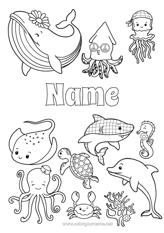 Coloring page to print Kawaii Turtle Whale Animal Seahorse Crab Shark Stingray Marine or aquatic animals Reptiles Octopus