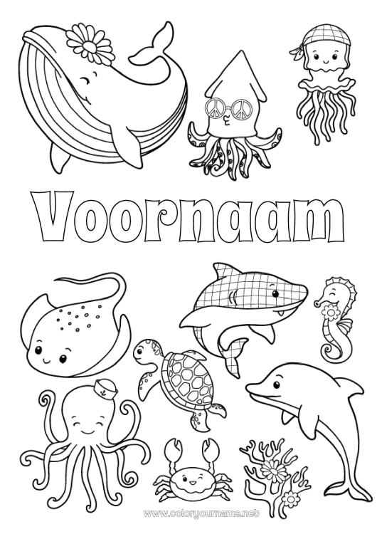 Kleurplaat om af te drukken Kawaii Schildpad Walvis Dier Zeepaardje Krab Haai Rog Zeedieren Reptielen Octopus, inktvis
