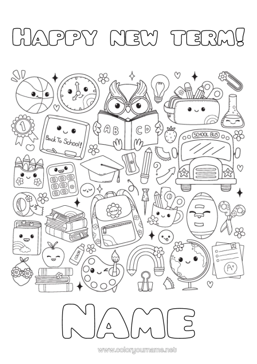 Colouring page to print Cute Balloons Owl, Tawny Owl Bus, Car Mistress/Master School Symbols Birds And Flying Mammals Games And Toys Land Public Transport School Bag Globe Education Professions Back To School "Happy Return To School!" Classroom Board Student Cap Stationery Supplies Pencil Case Calculator