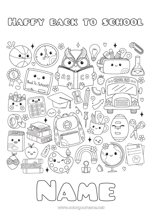 Coloring page to print Kawaii Balloons Owl Bus, coach Teacher School Symbols Flying birds and mammals Games and toys Ground public transport Schoolbag World globe Education Professions Back to School